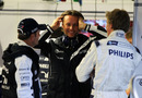 Rubens Barrichello and Nico Hulkenberg share a joke with Williams technical chief Sam Michael 