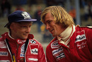 Niki Lauda and James Hunt share a joke at the 1977 Belgian Grand Prix