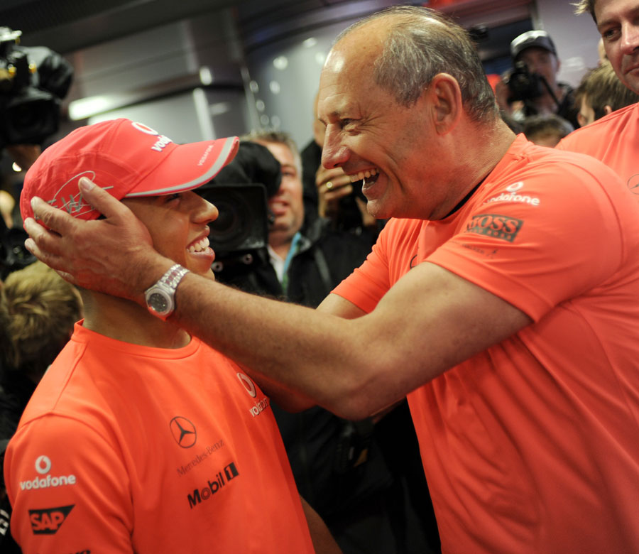 Former McLaren boss Ron Dennis congratulates Lewis Hamilton