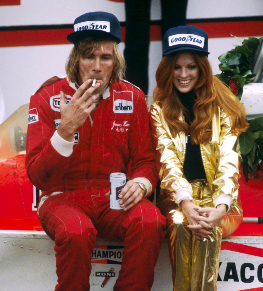 James Hunt celebrates his win a cigarette, a beer, and a Penthouse Pet