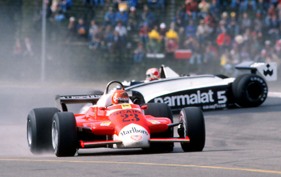 Nelson Piquet spins off after his handling deteriorated as Bruno Giacomelli passes him