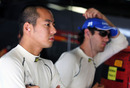 Sakon Yamamoto and Bruno Senna in the HRT garage 