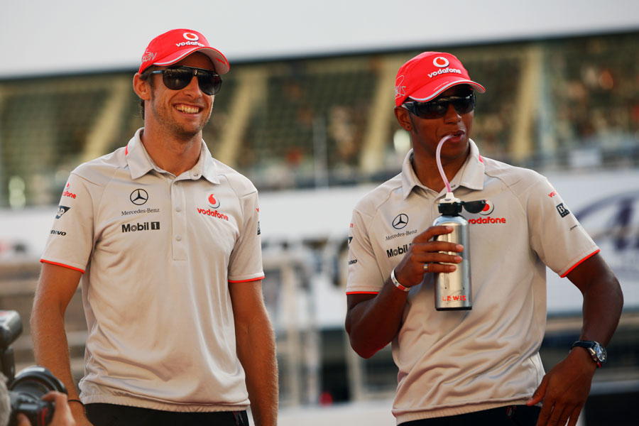 Lewis Hamilton and Jenson Button in high spirits on Thursday