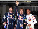 Sebastian Vettel on pole alongside team-mate Mark Webber and Lewis Hamilton