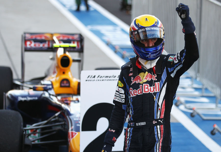 Mark Webber celebrates finishing second