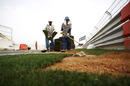 Workers lay grass on the pit straight