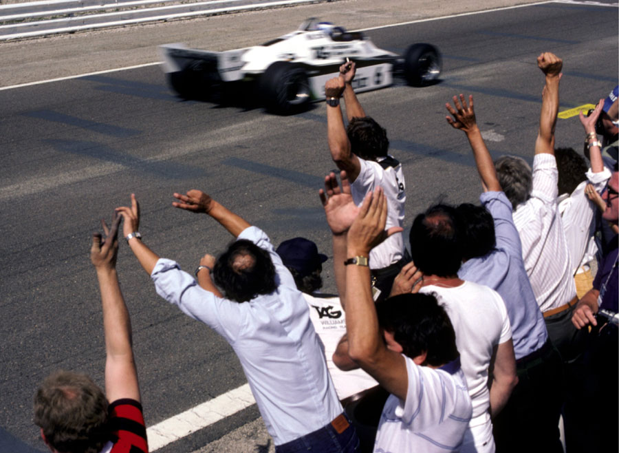 Williams celebrate Keke Rosberg's first career win, and the only one of his championship-winning season