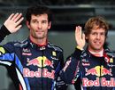 Sebastian Vettel and Mark Webber celebrates a Red Bull front row