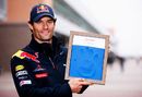 Mark Webber poses with a mould of his hand to recognize the first participants of the Korean Grand Prix 