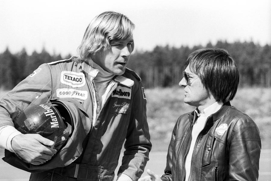 James Hunt talks to Brabham owner Bernie Ecclestone at the Swedish Grand Prix