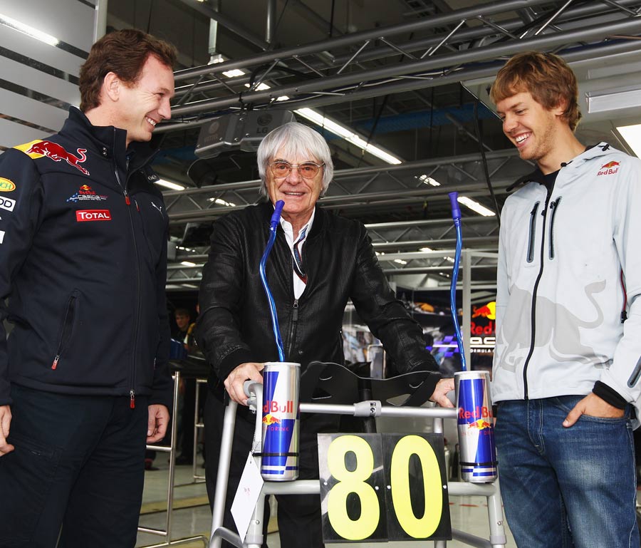 Red Bull Racing presents Bernie Ecclestone with a zimmer frame for his 80th birthday