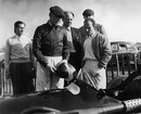 Mike Hawthorn, Raymond Mays and Stirling Moss discuss the prospects of the BRM before the start of racing at Goodwood