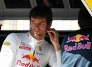 A disgruntled Mark Webber on the Red Bull pit wall