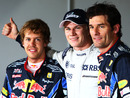 Nico Hulkenberg celebrates pole with Sebastian Vettel and Mark Webber