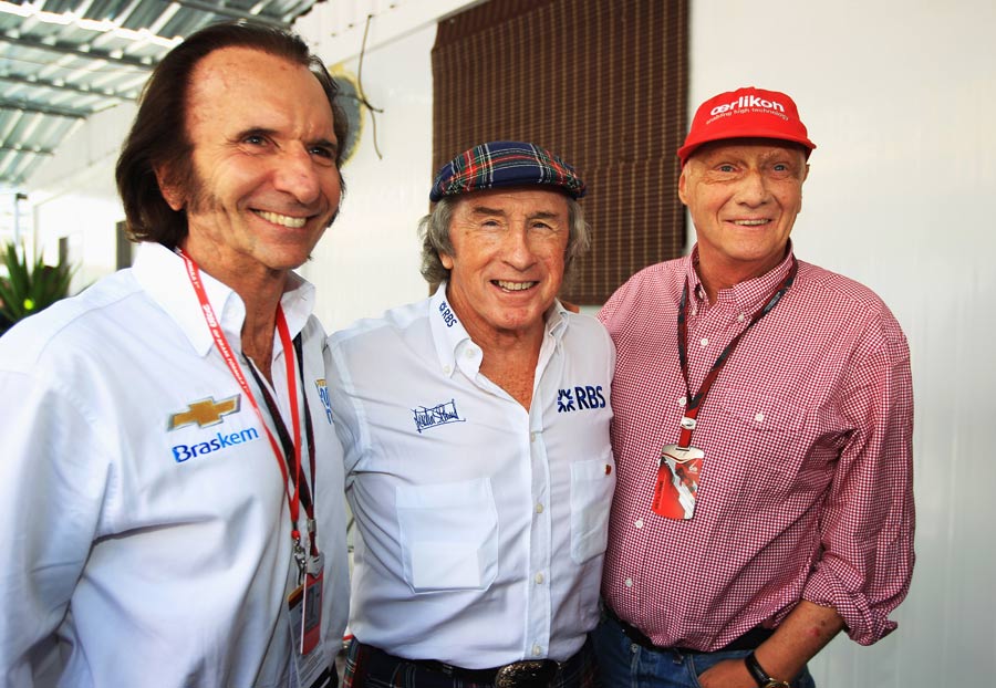 Formula One legends Emerson Fittipaldi, Jackie Stewart and Niki Lauda on Sunday
