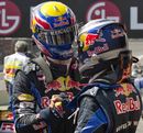 Mark Webber and Sebastian Vettel celebrate winning the constructors' title for Red Bull after the team's 1-2 finish