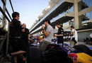 Mark Webber talks to his Red Bull race engineers