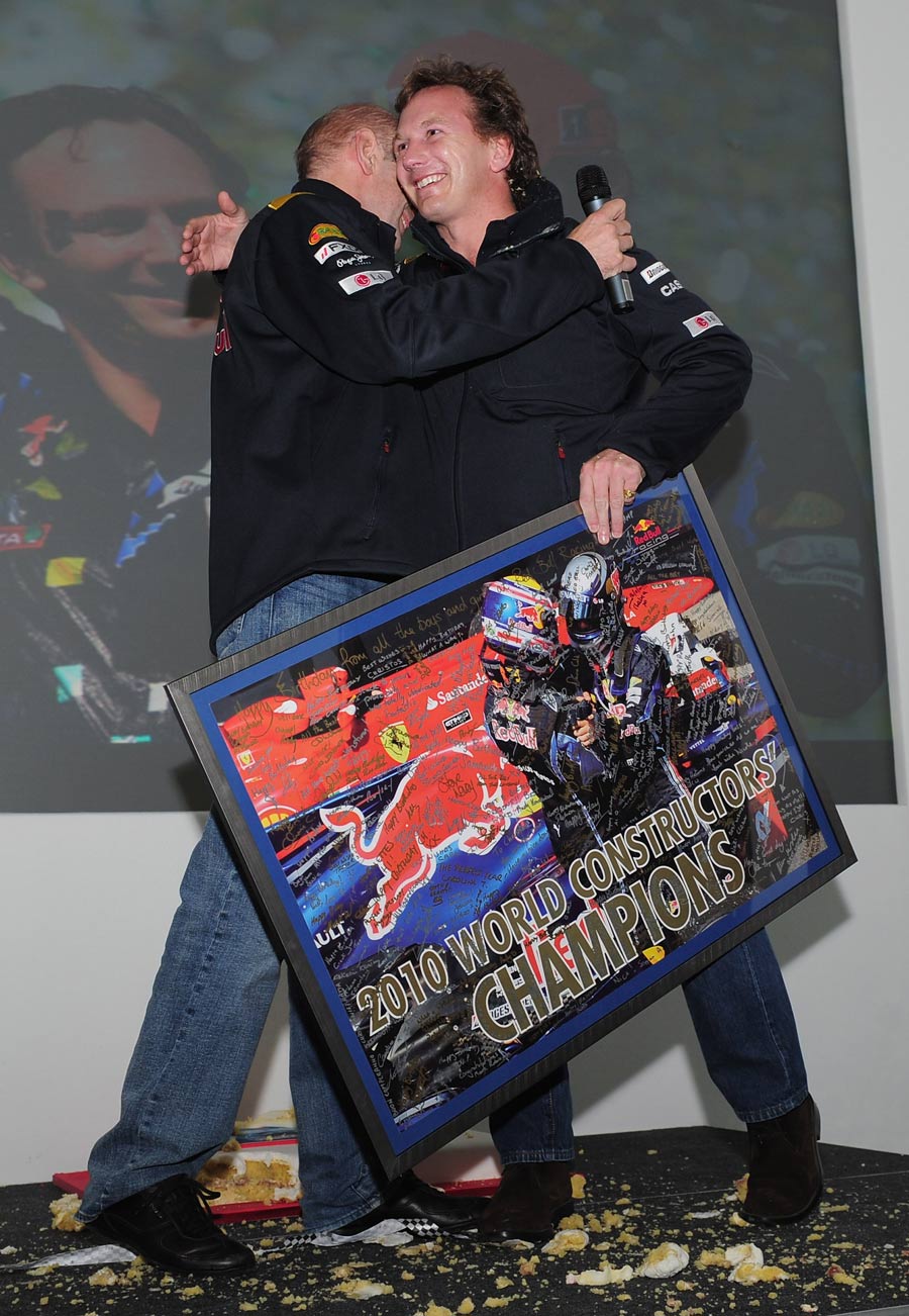 Adrian Newey presents Christian Horner with a birthday gift at the Milton Keynes factory