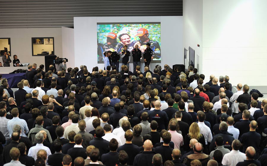 Milton Keynes factory employees listen to their Red Bull champions
