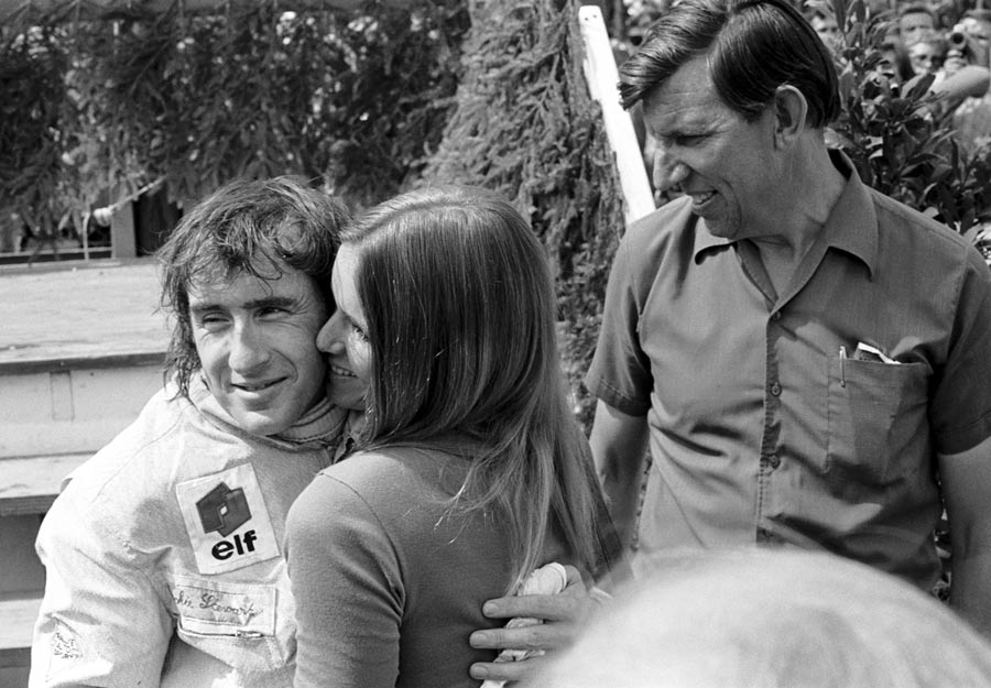 Jackie Stewart hugs his wife Helen after claiming his 3rd win in a row and 5th of the year