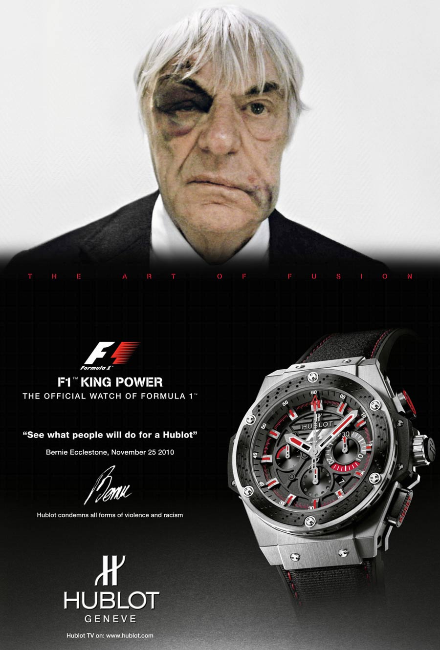 Having been mugged of his Hublot watch in London, Bernie Ecclestone agreed to appear in an advert