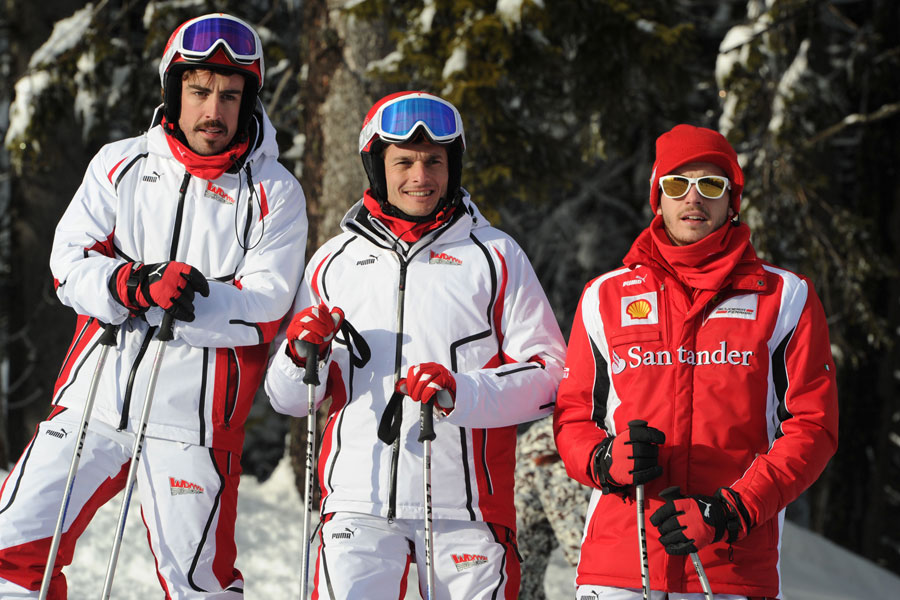 Fernando Alonso on the slopes with Ferrari test drivers Giancarlo Fisichella and Jules Bianchi