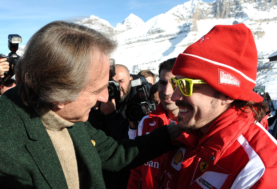 Luca di Montezemolo greets Fernando Alonso at Ferrari's media event Wrooom