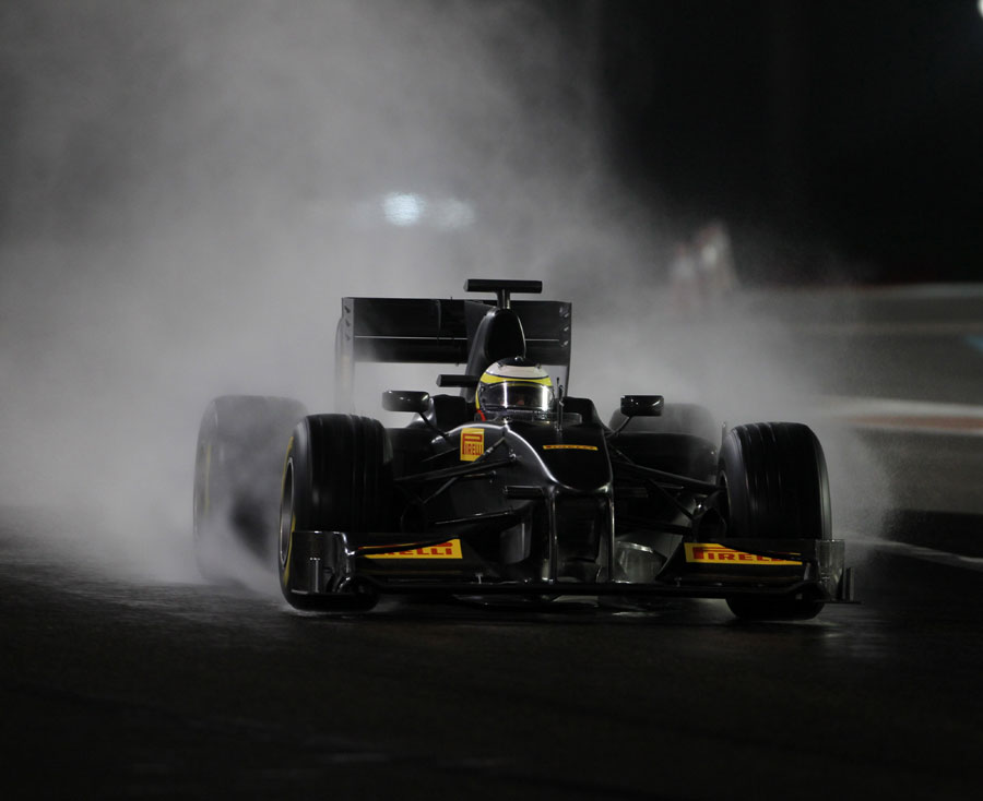 Pedro de la Rosa tests Pirelli's wet weather tyres on an artificially soaked track