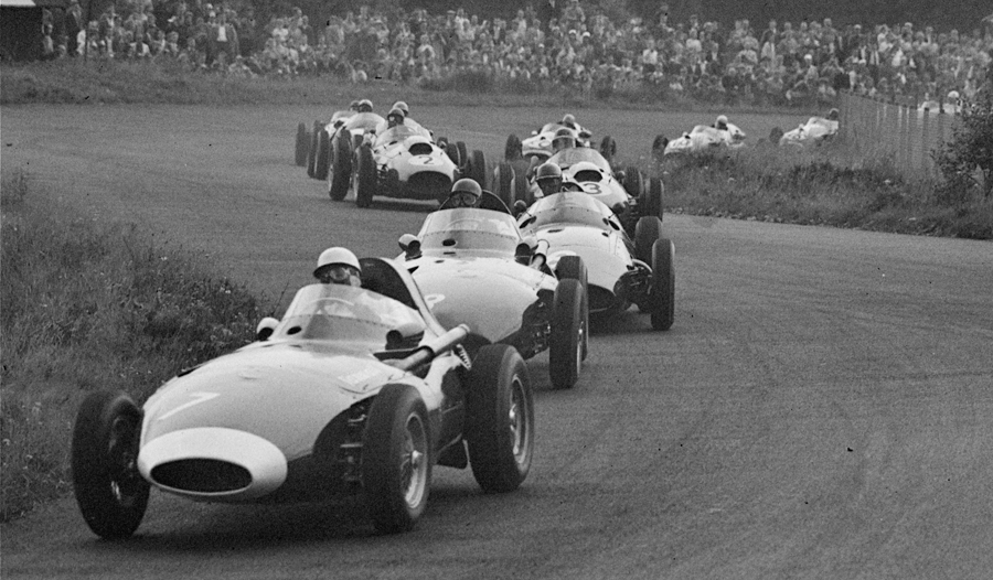 Stirling Moss leads in his Vanwall on the first lap of the race