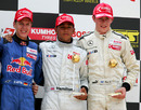 Sebastian Vettel, Lewis Hamilton and Paul di Resta on the podium, Hamilton went on to win the championship