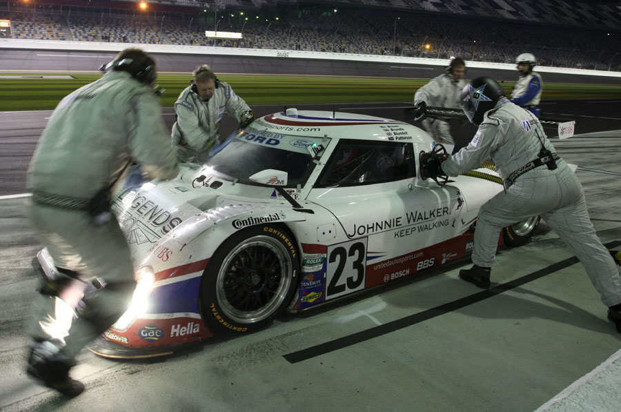 A pitstop under lights at the Rolex 24 at the Daytona International Speedway
