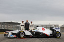 Sergio Perez, Peter Sauber and Kamui Kobayashi with the new Sauber C30