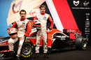 Timo Glock and Jerome d'Ambrosio pose with the new Virgin MVR-02