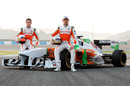 Paul di Resta and Adrian Sutil pose for the obligatory press shot with the new VMJ-04