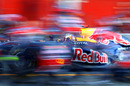 Sebastian Vettel and Red Bull perform a practice pit stop