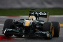 Luiz Razia attacks the kerbs as he got time in the Lotus in the afternoon