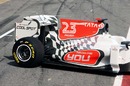 Rear end detail and sponsorship spaces on the new HRT F111