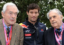 Tony Gaze, Mark Webber and Jack Brabham pose for photos