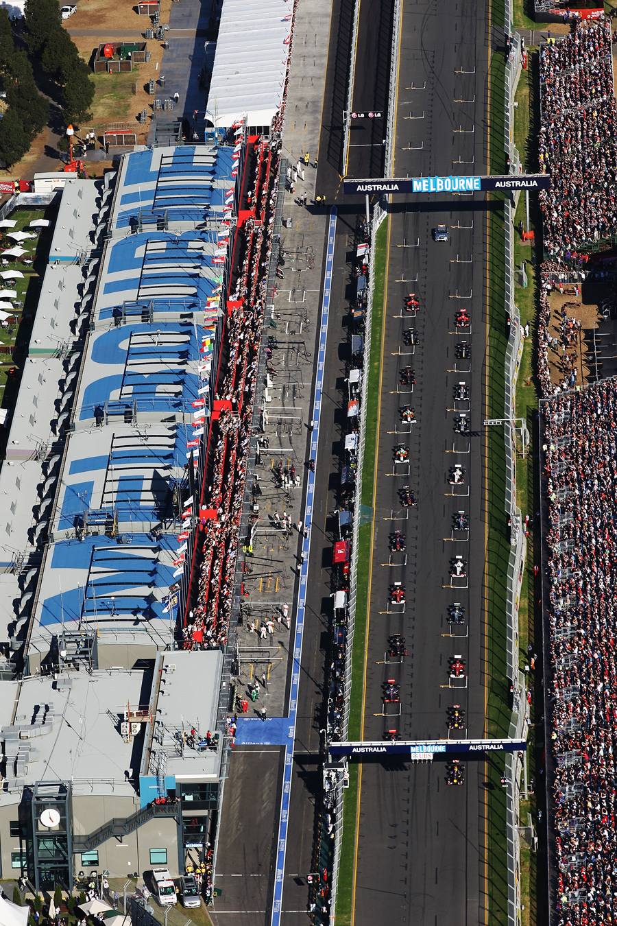 An overhead view as Sebastian Vettel leads the field off the line