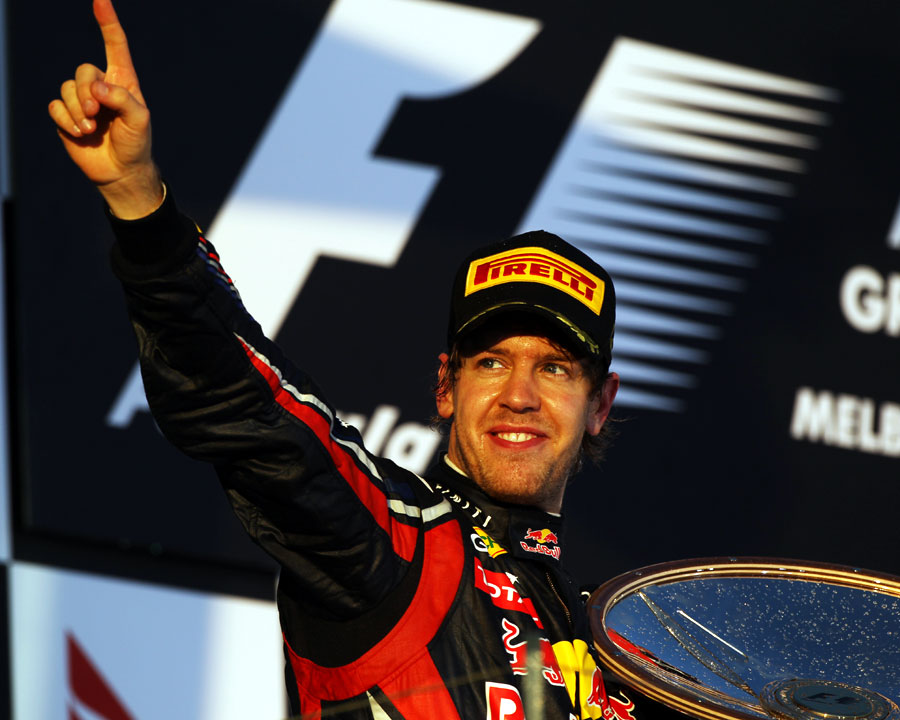 Sebastian Vettel celebrates after his start-to-finish win at Albert Park 