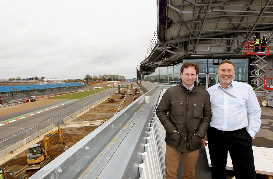 Red Bull boss Christian Horner and Silverstone MD Richard Phillips during a media tour of the Silverstone Circuit