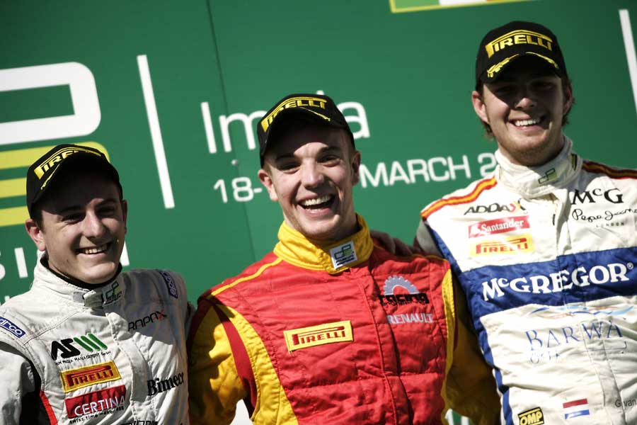 Dani Clos celebrates on the podium with Fabio Leimer and Giedo van der Garde