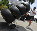 Soft Pirelli tyres with a gold stripe arrive in the paddock