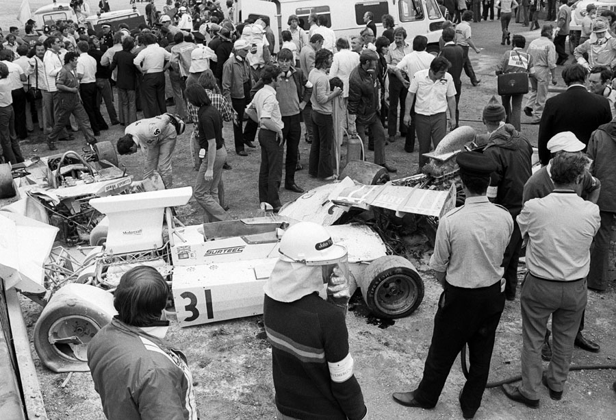 The resulting carnage after Jody Scheckter triggered a first lap accident