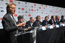 Luca di Montezemolo delivers a speech flanked by F1 team principals during a press conference on FOTA's plans for the future of the sport