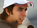 Sergio Perez talks to the press after qualifying