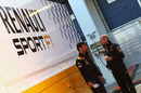 Mark Webber and Adrian Newey talk in the paddock ahead of final practice