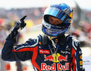 Sebastian Vettel celebrates his victory in front of the cameras