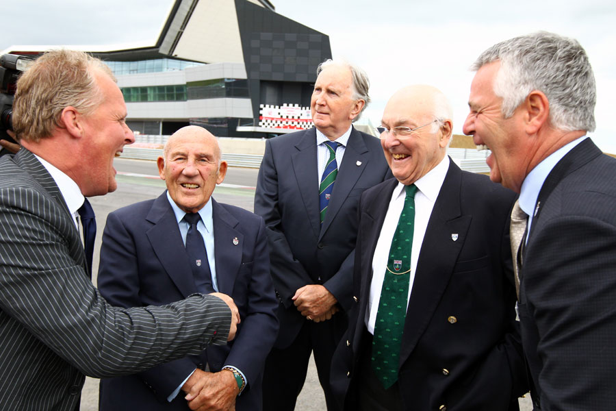 Johnny Herbert, Sir Stirling Moss, John Watson, Murray Walker and Derek Warwick share a joke 